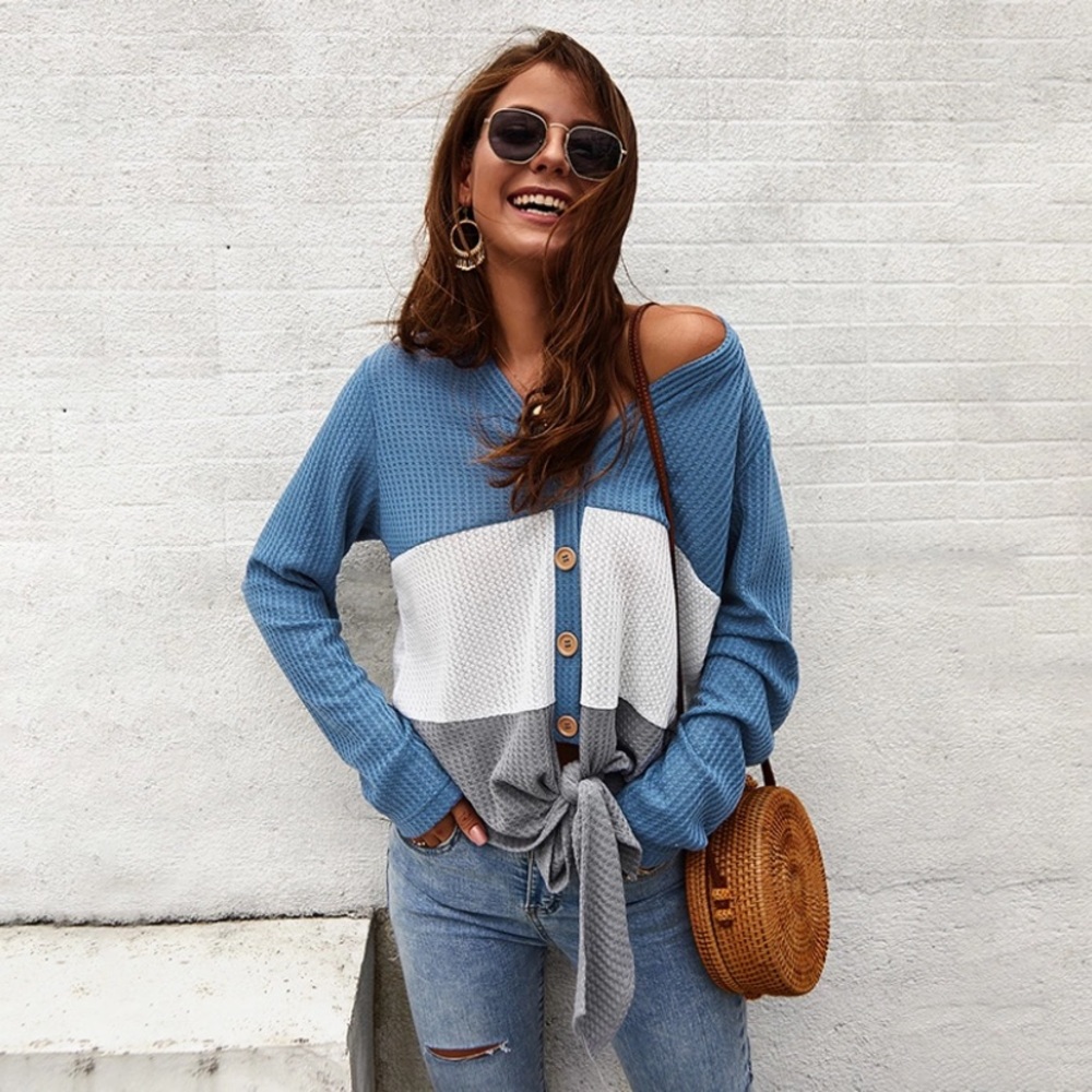 LAST ONE! Boutique Color Block Waffle Blue Tie Top